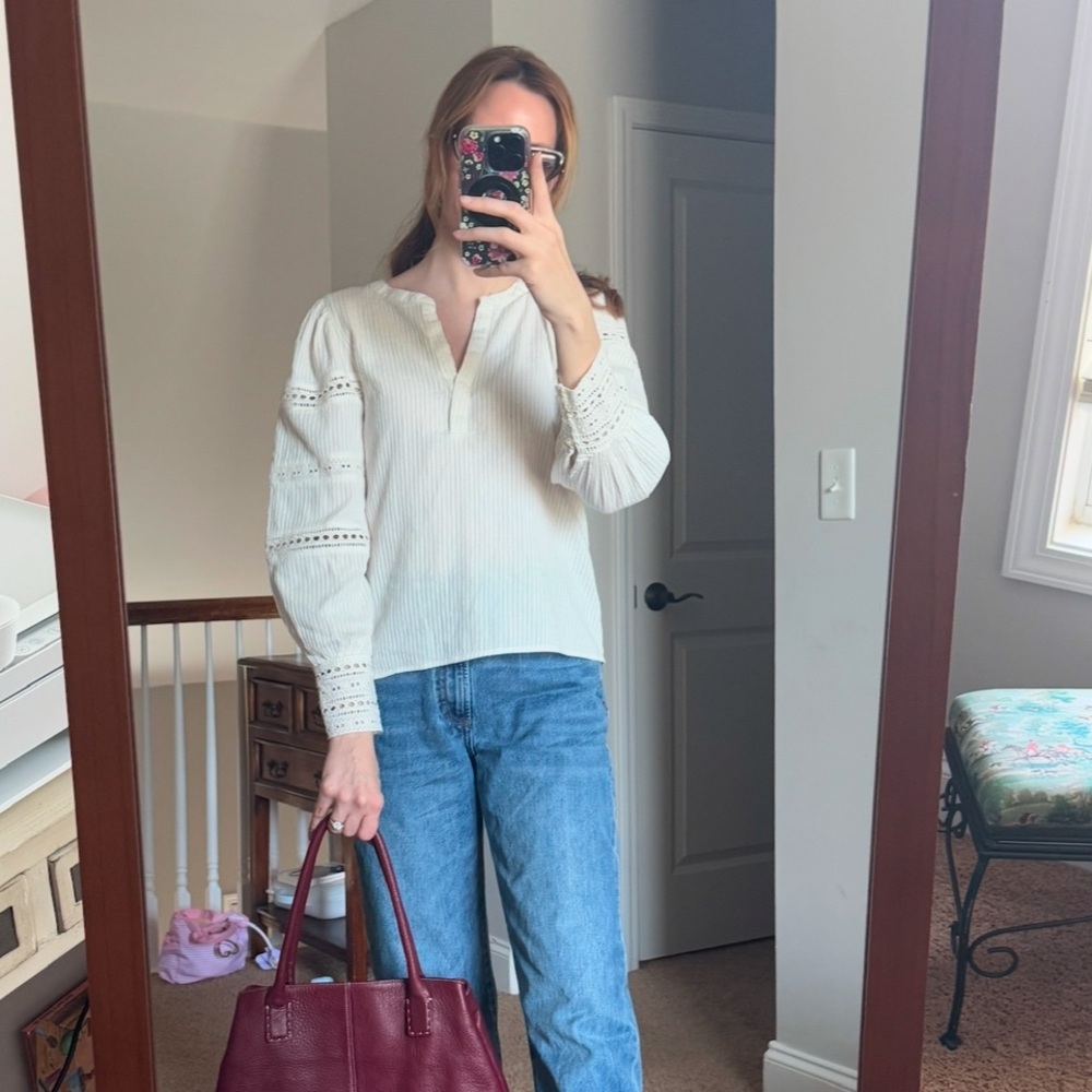 Loft Spring2025 Lace Inset Cotton Blouse